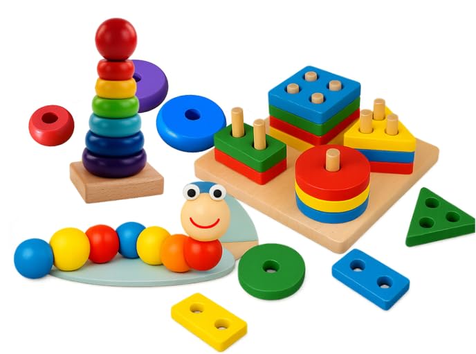 Brinquedo Educativo Montessori de Madeira Didático Sensorial Formas e Cores Empilháveis para Bebê Linha Premium M5 Armarinhos (KIT 3 BRINQUEDOS)