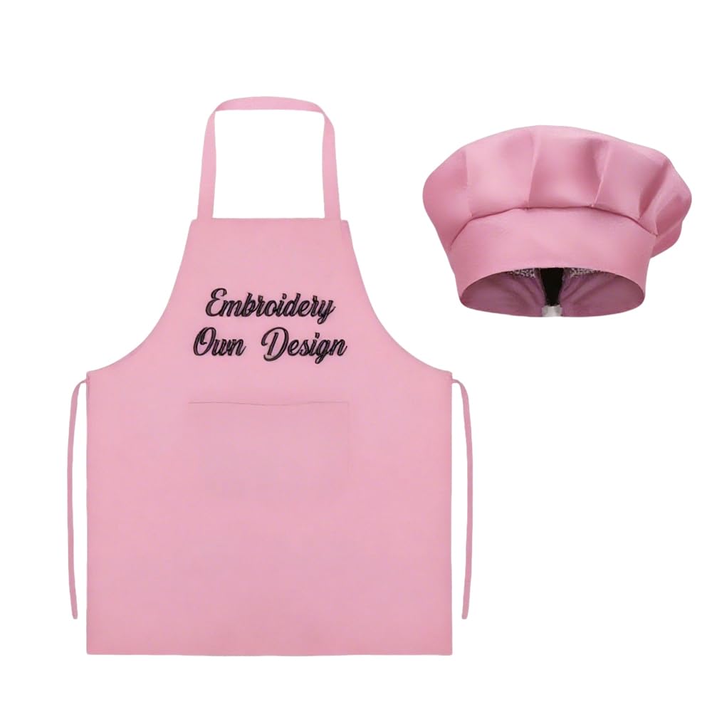 Colifolu Personalised Kids Apron with Embroidered Name,Customisable Cooking Baking Role Play Chef Hat for Children & Adults (Pink)