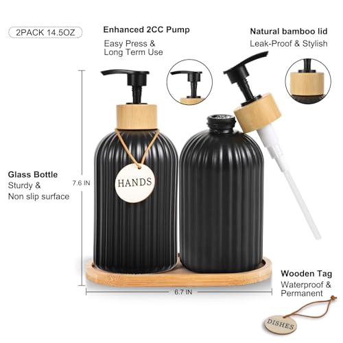 Image of 2 Pack ViserVita Glass Hand Soap Dispenser Set with Bamboo Pump, Elegant Refillable Liquid Dish Soap Dispenser with Tray, Perfect for Kitchen Sink and Bathroom Decor
