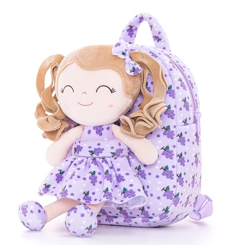 Image of Gloveleya Toddler Backpack Baby Girl Gifts Curly Hair Plush Figures Dress Backpack Kids Backpack Curly Hair Spring Girl Fruit - Grape 9inches