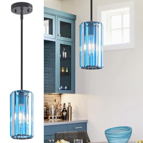 Image of Modern Crystal Pendant Light Mini Light Blue Chandeliers Adjustable Pendant Lights Fixture for Kitchen Island Dinning Room Corridor Bedroom(Light Blue 1-Pack)