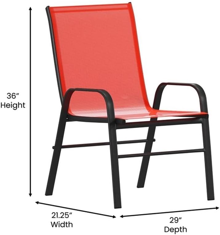 Pemberly Row Set of 4 Outdoor Patio Stack Chairs, Metal Frame, Powder Coated Finish, Red Textilene Upholstery, 36 in Height, Contemporary Style Garden, Porch, Deck, or Poolside Seating