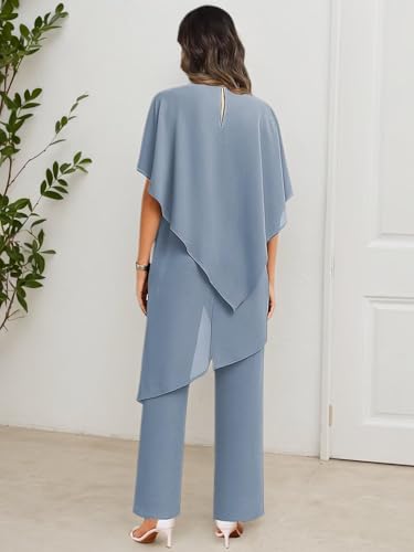 2 Pieces Mother of The Bride Pant Suits for Wedding Tiered Chiffon Short Sleeve Formal Pantsuits for Women Evening Party4