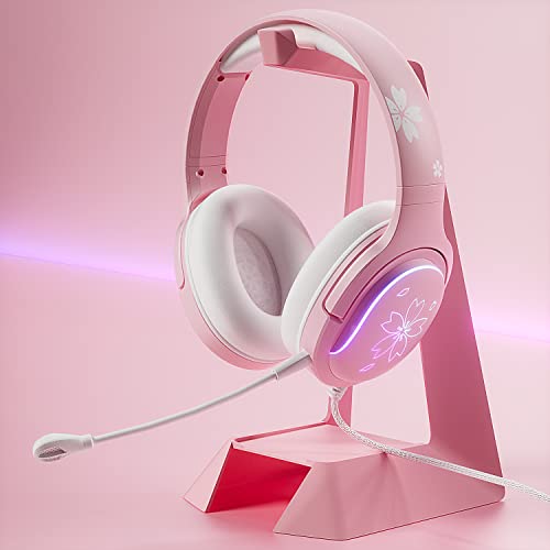 Mytrix Sakura Pink Cherry Blossoms Gaming-Headset, 360° drehbares Mikrofon, weicher Ohrenschützer-Kopfhörer für PS4, PS5, Xbox, PC & MAC, Schalter, RGB-Farbverlauf-Lichteffekt