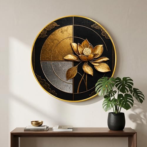 Image of SAF Golden Lotus Wall Painting Round PVC Frame Geometric Luxury Abstract Art Black Gold Modern Design for Living Room Bedroom Office Home Wall Decor (23 x 23 Inch) GR-401