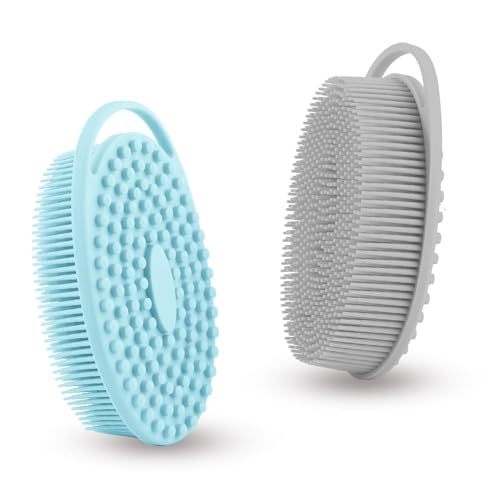 Silicone Body Scrubber, Exfoliating Silicone Loofah, Soft Silicone Body Shower, 2 in 1 Bath and Shampoo Brush, Body Scrubber Shower Cleaning for Sensitive Skin, Lather Well 2 PCS Grey and Blue