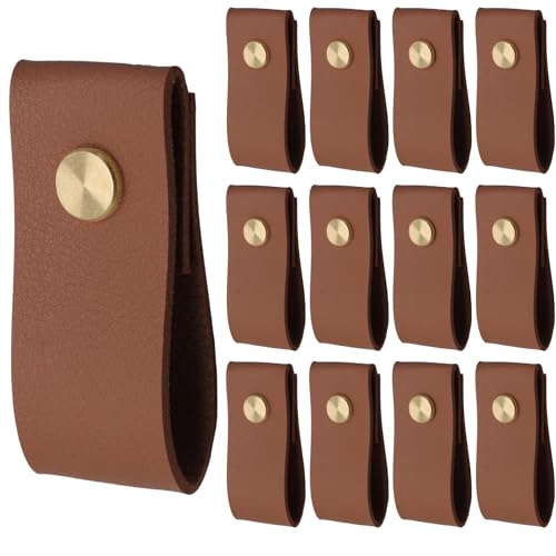 Biaungdo 12 Pack Leather Drawer Pulls, Brown Single Hole Leather Dresser Knobs Leather Pulls Cabinet Door Handle for Kitchen, Cabinet, Drawers, Closet, Dresser, Cupboard