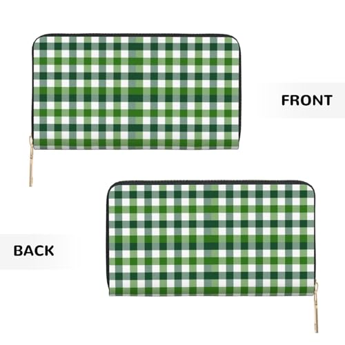 Green Gingham Plaid Checkered Print Wallet Women Men, Long PU Leather Wallets for Women, Cute Womens Travel Wallet Purse Pouch with Zipper Pocket2