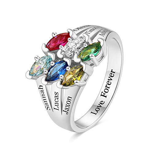 RESVIVI Sterling Silver Customized Mother Name Rings with 2-6 Birthstones Engraving Personalized Stacking Family Name Rings