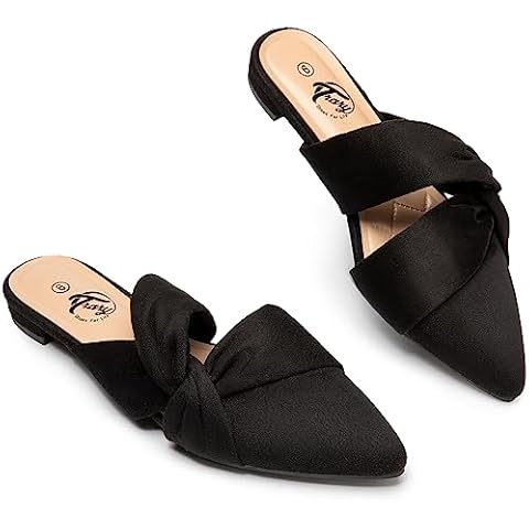 Trary Black Suede Womens Mules Flats Closed Pointed Toe Comfortable Slip on Backless Loafer Shoes for Women with Knot Size 8 Cover