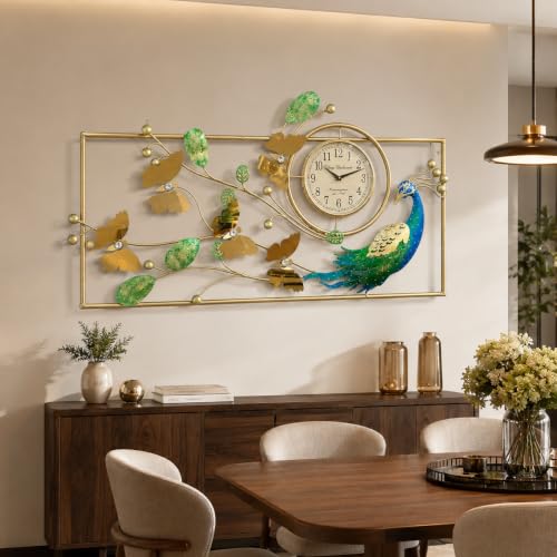 Image of Large Metal Multicolor Peacock Leaf Wall Clock Floral Design Handpainted Decorative Wall Art for Living Room Bedroom Office Dining (42 x 22 Inch)