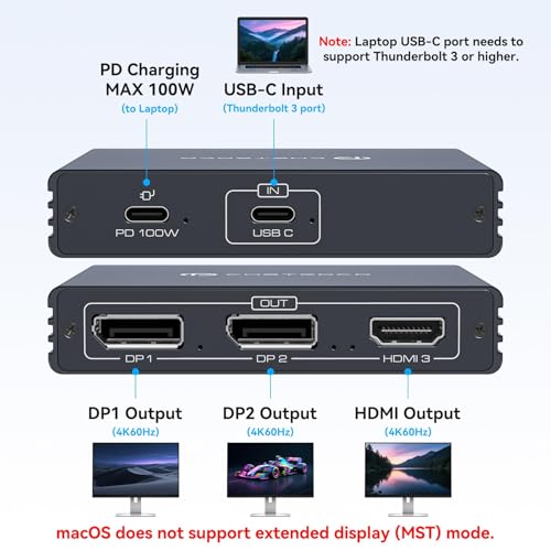 Splitter Thunderbolt a HDMI DP de 3 salidas con entrega de energía de 100W para multipantalla 3