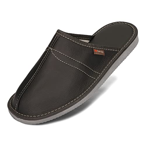 BeComfy Kapcie męskie skórzane z podeszwą EVA-Memory Foam, wkładka profilowana ze skóry naturalnej 40-46 EU (FM82 Czarny, 45)