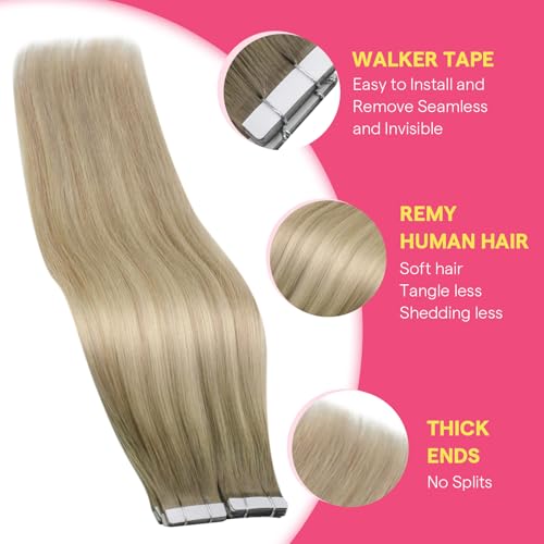 Image of Ve Sunny Hair Tape in Extensions Ash Blonde Mix Platinum Blonde 22Inch Long | Remy Human Hair Extensions Tape ins,50g 20Pcs,Easy to be Style,for Wedding or Party