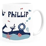 SpecialMe® Kindertasse Unterwasserwelt Wal Fisch Seestern personalisierte Namenstasse aus Keramik für Kinder Jungen Mädchen Weiss Keramik-Tasse