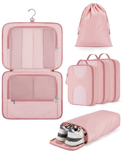 BAGSMART 6-Piece Hanging Travel Packing Cubes - Baby Pink