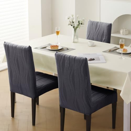 Image of HOKIPO 200 GSM Premium Knitting Jacquard Elastic Dining Table Chair Cover Set of 1, 'Nestiva Series' Porpoise Grey (AR-6072-GRY)