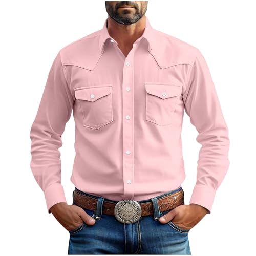 Men's Long Sleeve Button Down Shirts Vintage Western Shirt 2-Pocket Outdoor Work Fishing Safari Cowboy Shirt for Men