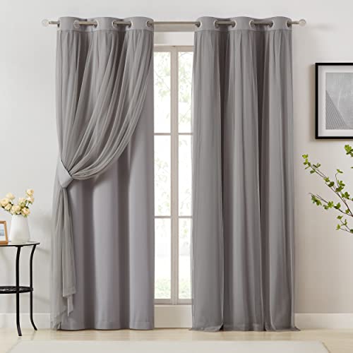 Image of Bujasso Grey 90% Blackout Curtains with Sheer Overlay Mix and Match Double Layer Window Curtains Thermal Insulated 95 inch for Living Room Bedroom Gray Drapes with Tiebacks Grommet Top 37 inch Wx95 Lx2