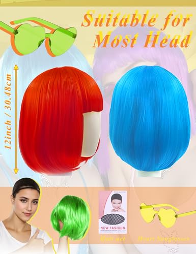 4 pack colored wigs neon colorful wig short bob hair neon fun party wigs costume wig with heart sunglassesorange hot pink green purple