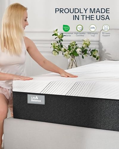 Image of Life Balance Hybrid Queen Mattress 14 Inch, Made in USA, Plush, Individual Pocket Coils & Copper Gel Memory Foam, Hypoallergenic & Odorless, CertiPUR-US CertifiedLC-14-Q