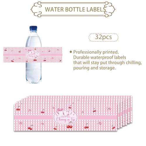 32pcs She's The Cherry On Top Water Bottle Labels, Pink Bow Cherry Water Bottle Wrappers, Sweet Berry Much Theme Stickers for Baby Shower/Bridal Shower Party Decoration