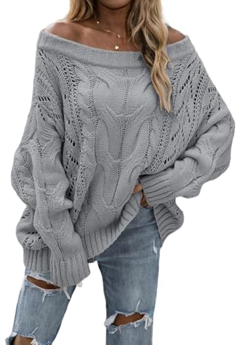 LAJIOJIO Womens Sexy Off The Shoulder Sweaters Oversized Knit Long Sleeve Crochet Pullover Sweater Top