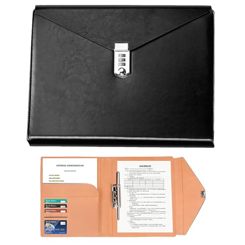 CAWKAY クリップボード バインダー 鍵付き ダイヤル式 二つ折り 重要書類 名刺入れ 書類収納ケース ビジネス オフィス 会議用 (ブラック, A4)