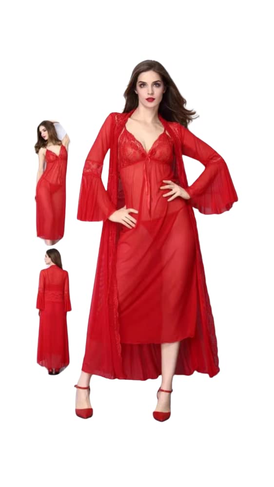 Women's Lingerie Satin See Through Sexy Lace Babydoll Full Slip Nightgown Dress Silk Sleepwear (Red )
