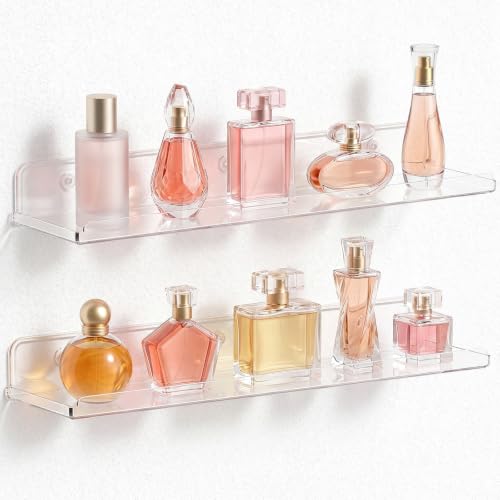 Image of Lifewit Acrylic Floating Shelves for Bathroom 14 inch Clear, 2 Pack | Wall Mounted Display Shelf for Makeup, Skincare, Nail Polish, Book, Perfume Organizer for Bedroom, Living Room, Nursery Decor