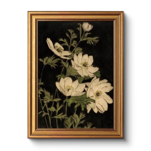 WHASAYART Vintage Gold Framed Peony Canvas Wall Art for Home Decor, Moody Dark White Floral Nature Botanical Painting Print, Farmhouse Artwork for Living Room Bathroom Bedroom Kitchen Walls 12"x16"