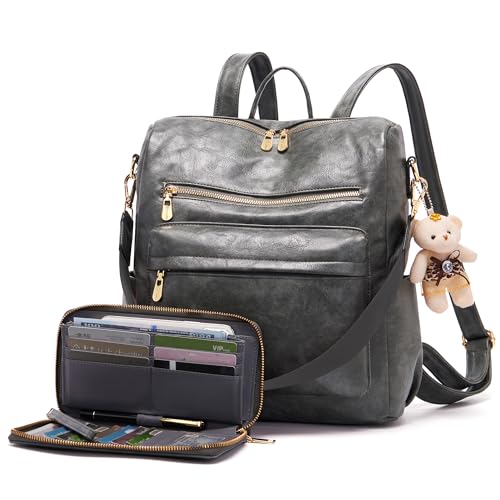 Image of Soperwillton Women Backpack Purse Shoulder Handbags Travel Bag Set 2pcs | Soft PU Leather,Large Capacity,Many Pockets,with a Functional Wallet,with a Detachable Shoulder Strap,Multipurpose Design