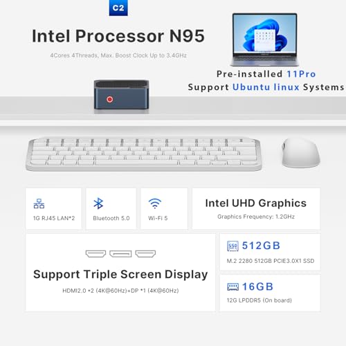 Image of C2 Mini PC 11 Pro, N95 Mini Desktop Computers 12GB LPDDR5 RAM 512GB SSD Micro PC, Dual 1000Mbps NIC LAN, HDMI 2.0, WiFi 5, BT 5.0, 4K Triple Display, Small PC for Business Home