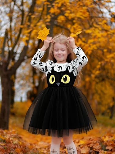 Toddler Girls Halloween Dress Long Sleeve Cat Pumpkin Print Dresses Baby Cute Holiday Party Outfit 2-7T2