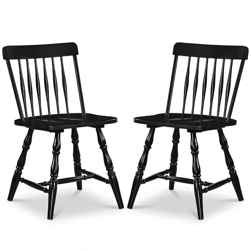 Image of COSTWAY Windsor Chairs Set of 2, Armless Solid Wood Dining Chairs with Spindle Backs, Mid-Century Modern Kitchen Side Chair for Dining Room, Kitchen, Small Space (Black)
