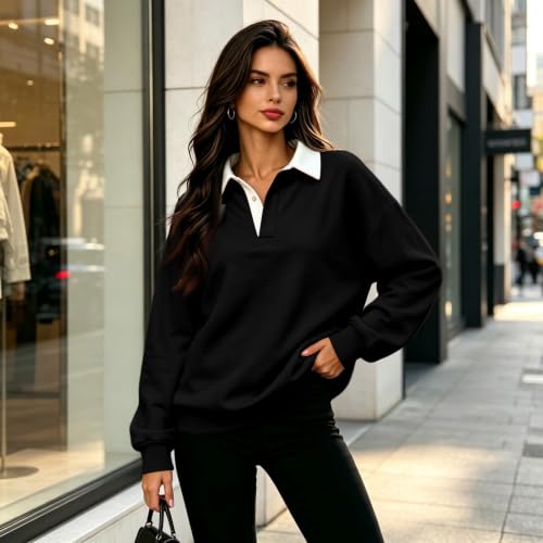 Women's Polo Shirts Button Down Casual Color Block V Neck Pullover - image 3