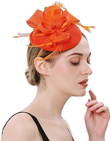 BUYITNOW Charming Feather Fascinators Headband Netting Mesh Hair Band for Wedding Cocktail Hat Party Derby Royal Banquet Orange
