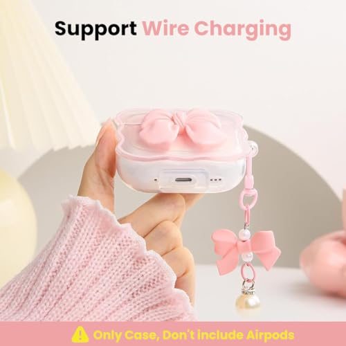 Image of ZORBES Compatible with AirPods Pro 2, TPU Charging Case Cover with Jelly Finish, Pink Bow Charm Design and Pendant Bow Chain, Anti-Scratch Protective Earbud Case