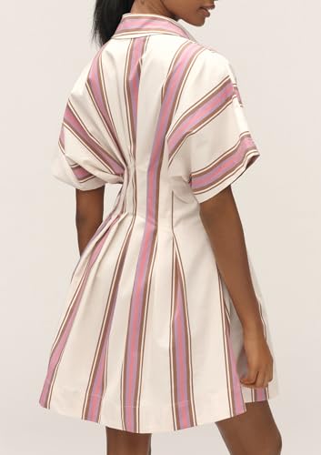 Image of calbatic Women Button Down Pleated Shirt Dress Striped Short Sleeve Summer Casual Business Flowy Mini Short Dress