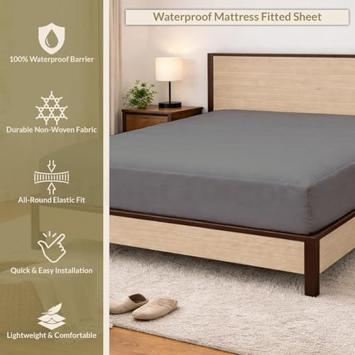 Image of 100% Waterproof Mattress Protector Queen Size Bed 78x60 Inch, Non Woven Fabric Fitted Mattress Cover with Elastic, Waterproof Bed Protector, Hypoallergenic, 10 Inch Deep Pocket - Dark Grey