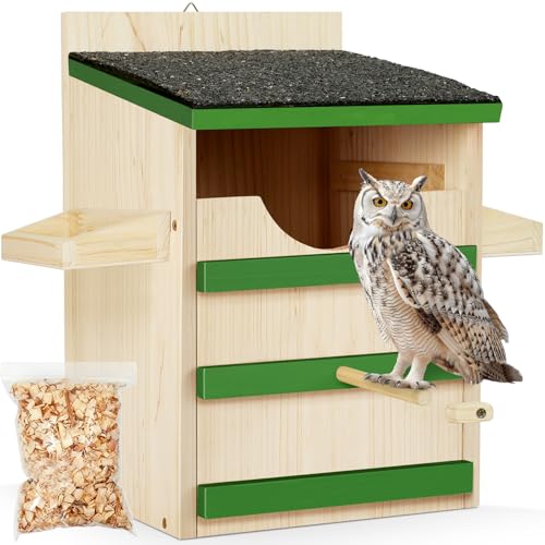 Owl House, Screech Wooden Owl Nesting Box, Weatherproof Design with Bird Stand, Large Opening, Mounting Screws, and Wood Shavings for Outside Backyard