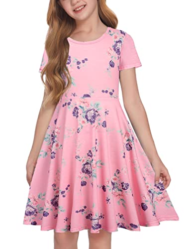 Arshiner Girls Short Sleeve Dress Pink Floral Maxi Dress Casual Skater Twirl Sundress For Girls #TOP14