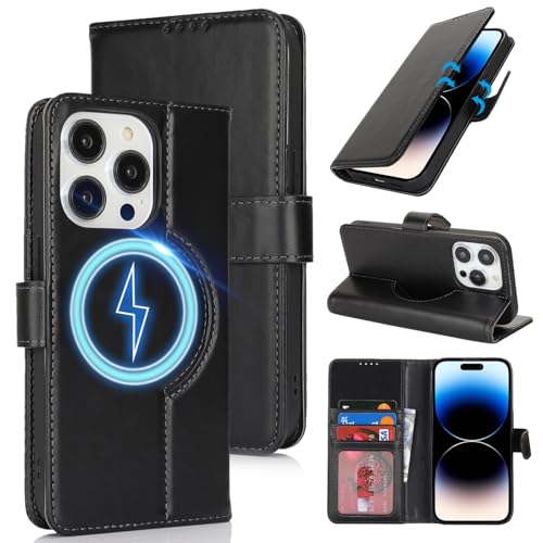 Zouzt for iPhone 14 Pro 6.1" Genuine Leather Wallet Case with Card Holder, for MagSafe Magnetic Wireless Charging, Flip Folio Book Kickstand Shockproof Cover Women Men for iPhone 14 Pro - Black