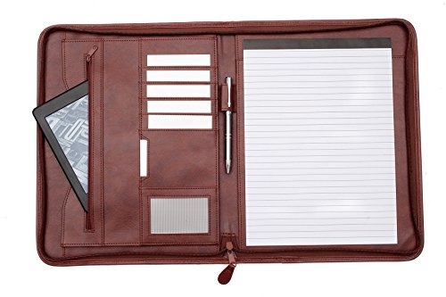 Professional Executive Pu Leather Business Resume Portfolio Padfolio Organizer With Ipad Mini Or Tablet Sleeve Holder, Zipper, Paper Pad, Card Holders, Pen Holder, Document Folder - Brown #TOP6