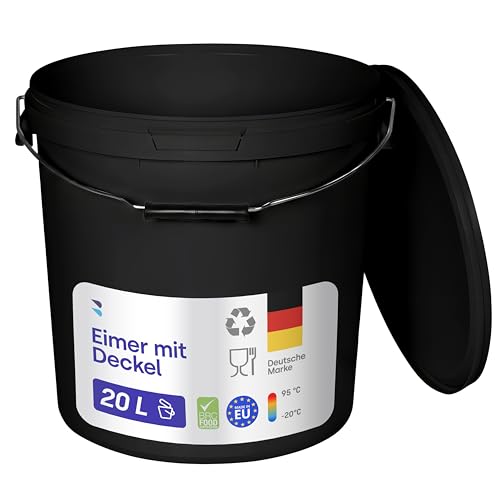 BenBow - Eimer mit Deckel schwarz 1x 20 Liter - lebensmittelecht stabil luftdicht auslaufsicher geruchsneutral - Aufbewahrungsbehälter aus Kunststoff - Metalgriff - Rissfester Griff, leer - zur Hause