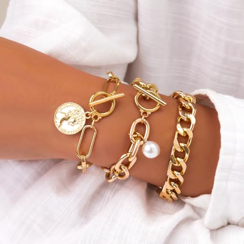 Vivian&CD 14K Gold Plated Chunky Bracelet Set for Women, Stacked Layered Chunky Pearl OT Clasp Bracelets Waterproof Non-Tarnish Adjustable Cuff & Chain Portrait Charming Pendant Bracelets Trendy Stackable Jewelry Gift2