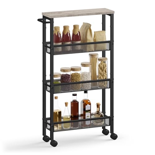 Image of VASAGLE Slim Rolling Cart, 4-Tier Storage Cart, Narrow Cart with Handle, 5.1 Inches Deep, Metal Frame, for Kitchen, Dining Room, Living Room, Home Office, Heather Greige and Classic Black ULRC032K01