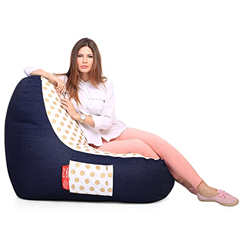Image of Style Homez Urban Design Denim Canvas Polka Dots Printed Chair Bean Bag XXL Size Filled with Beans Fillers