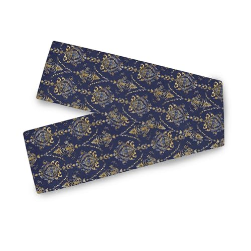 Camino de mesa bordado azul oscuro dorado bohemio, 13 x 70 pulgadas, decoración reutilizable para mesas de 70 pulgadas de largo