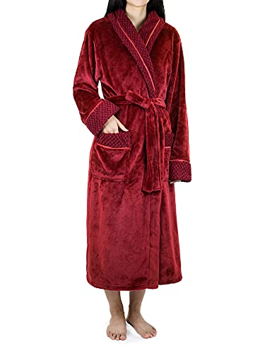 PAVILIA Soft Plush Women Fleece Robe, Burgundy Wine Red Blue Cozy Bathrobe, Luxurious Female Long Spa Robe, Satin Waffle Trim, S M